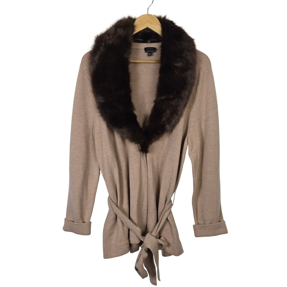 Talbots Pure Merino Wool Cardigan Removable Faux Fur Collar Belted Tan XL